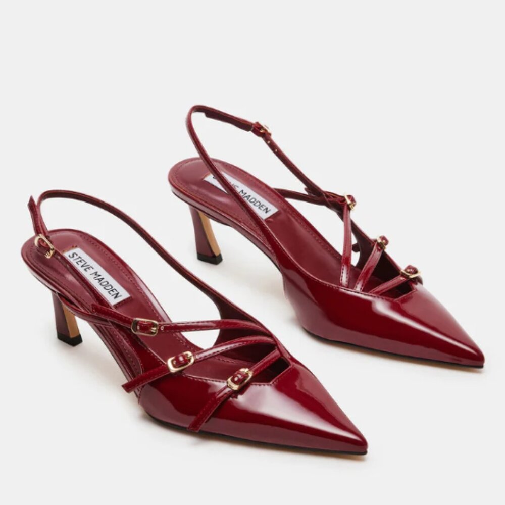 Steve Madden, Red, Silver Straps, Kitten Heel, Mules, Patent, 10 - Picture 2 of 2